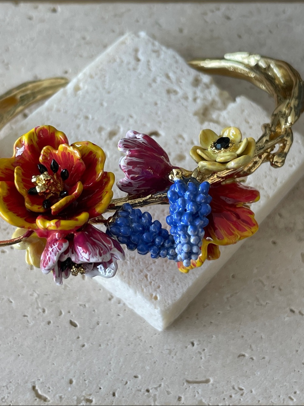 Les Néréides Floral Enamel Bracelet Hand Painted 18k Gold Plated Statement Cuff